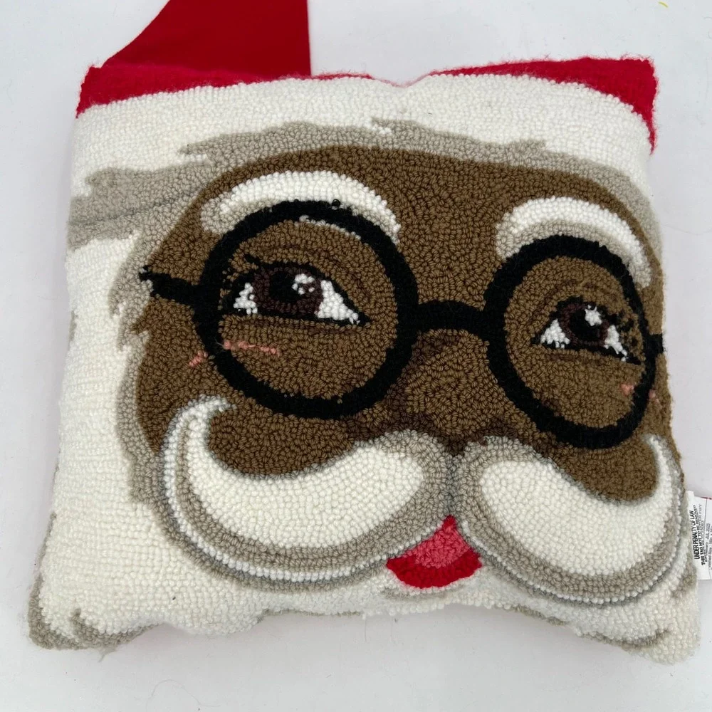 NWT Black Santa Claus Hooked Tufted Pillow Red Velvet Hat Christmas Holiday